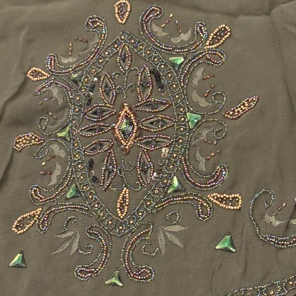 Sue Wong 100% Silk Scarf Shawl Large Army Green Brown Sheer Lace Hand Beaded #1 - Picture 3 of 16